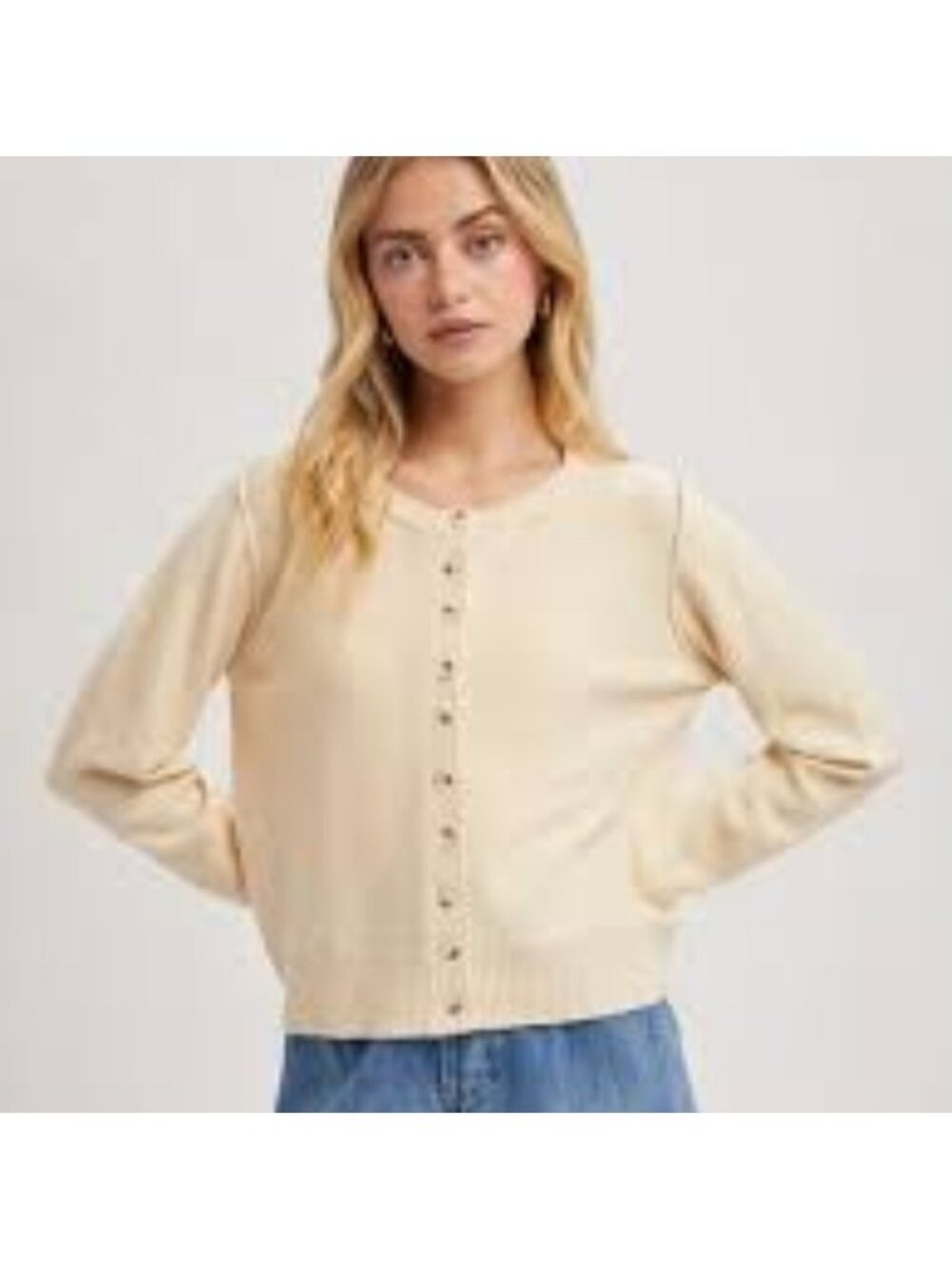 Italic Womens Cardigan Butter Cream Long Sleeve Button Front Crew Neck Knit S